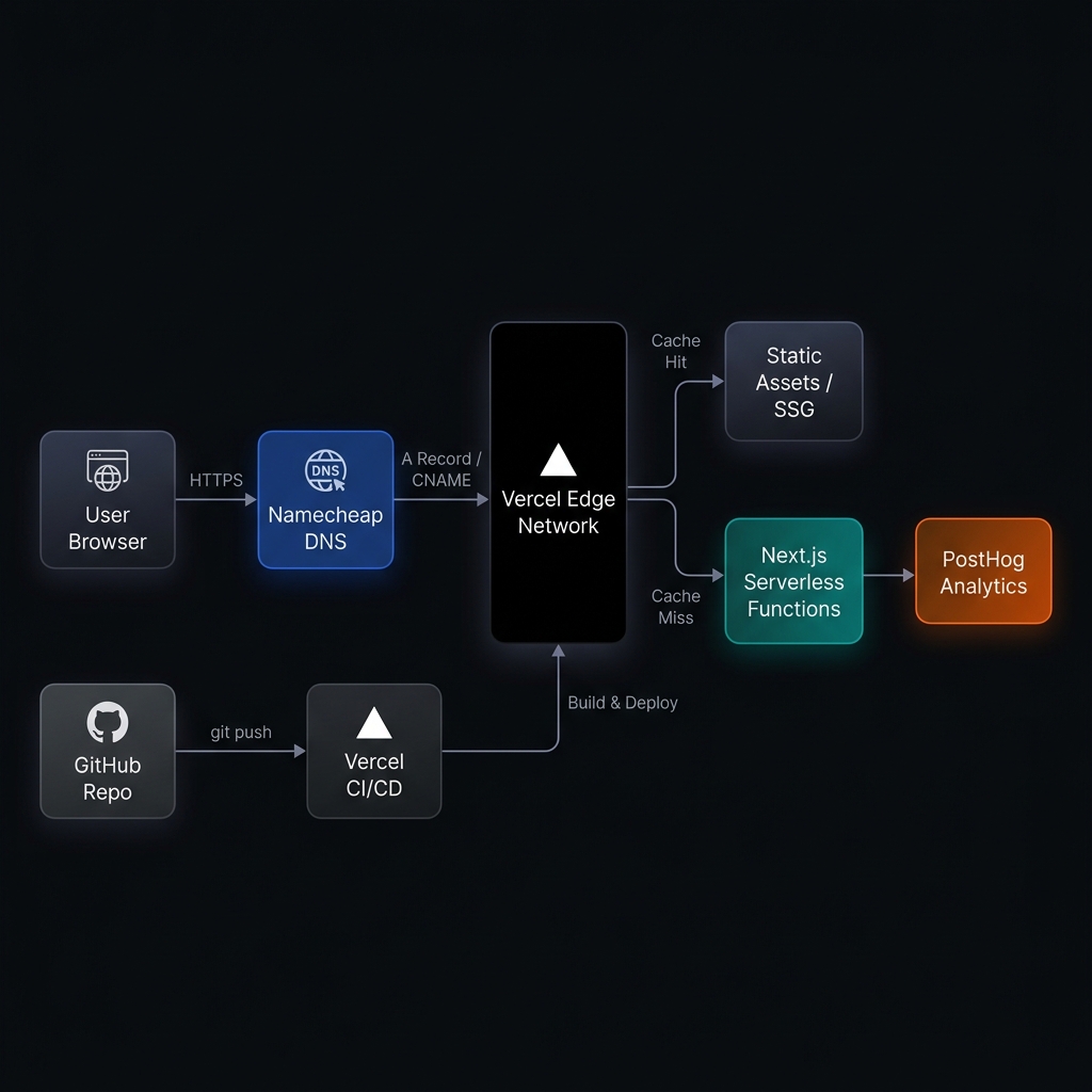 Architecture diagram showing the full request lifecycle: User Browser → Namecheap DNS → Vercel Edge Network → Next.js Serverless Functions → PostHog Analytics, with a separate CI/CD flow from GitHub → Vercel Build → Edge Network